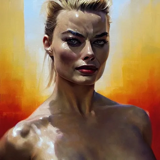 Image similar to greg manchess portrait painting of margot robbie as t - 8 0 0 terminator, medium shot, asymmetrical, profile picture, organic painting, sunny day, matte painting, bold shapes, hard edges, street art, trending on artstation, by huang guangjian and gil elvgren and sachin teng