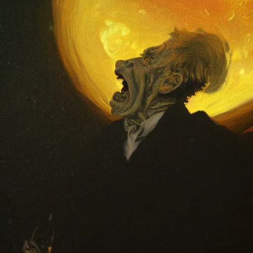 Prompt: close detail portrait old male screaming, under moon light at night, at late evening by goya and thomas kinkade, Trending on artstation