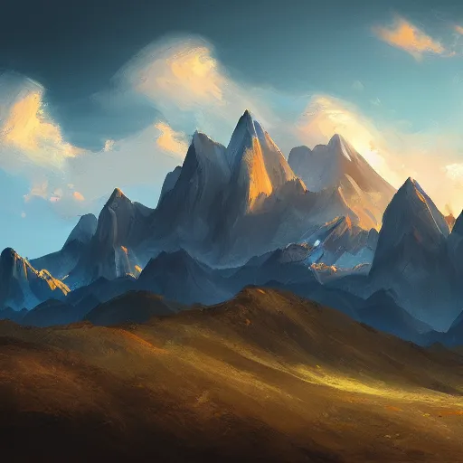 Image similar to mountain landscape, craggy mountains, panoramic, painting, color palette, beautiful sky, sharp peaks, soft foothills, artstation award, highly detailed