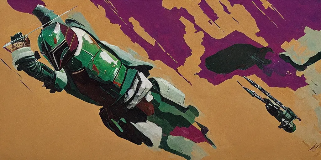 Prompt: textured art deco painting of boba fett, flying from bottom left to top right, muted greens and browns, geometric, gold and deep purple background with lightning bolt