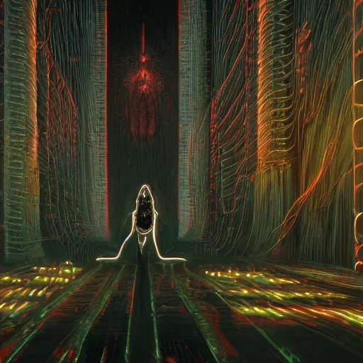 Prompt: demonic ritual, neon, they are watching, RGB, glowing wires everywhere, rods, pristine, by Juni ito, Ross Tran, Zdzisław Beksiński, and Michael Whelan, distant, gustav dore, H.R. Giger, 8k, octane render