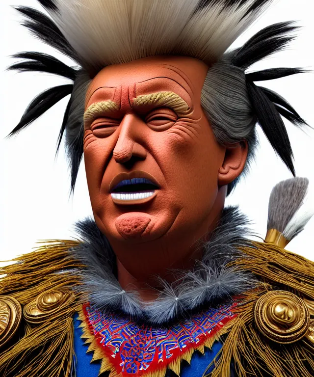 Prompt: hyperrealistic mixed media painting of Donald Trump as a Navajo doll, stunning 3d render inspired art by P. Craig Russell and Barry Windsor-Smith + perfect facial symmetry + dim volumetric lighting, ornate gothic armor, head and shoulders, d&d, arms crossed, serious expression, 8k octane beautifully detailed render, post-processing, extremely hyperdetailed, intricate, epic composition, grim yet sparkling atmosphere, cinematic lighting + masterpiece, trending on artstation, very very detailed, masterpiece, stunning