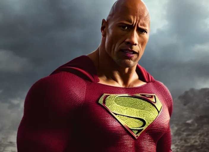 Image similar to film still of dwayne the rock johnson as superman in the new superman movie, 4 k, highly detailed face, detailed eyes