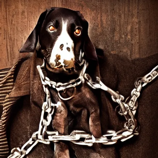 Image similar to gangster courage dog, hd, scary, chains in neck, handgun, explosion behind, dark, smooth, fine,