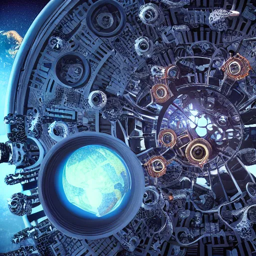 Image similar to planet made out of gears and clockwork, realistic futuristic, 4 k highly detailed, in space, cyberpunk