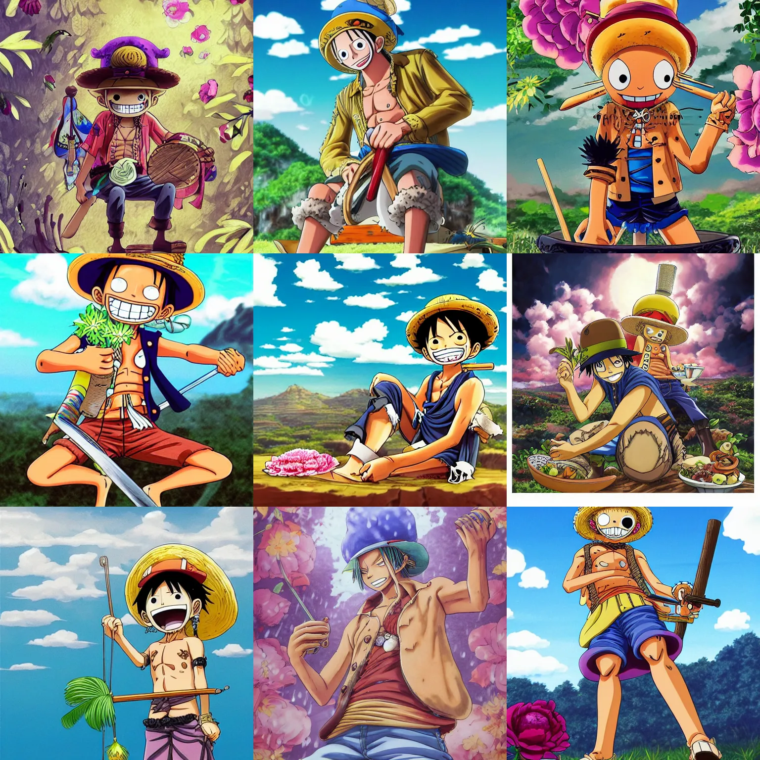 Prompt: chopper (one piece anime) hiking wearing boho clothing and peonies eating a bowl of noodles, standing silhouette against the sun, bestselling movie art poster, official media, 1970s fashion, official anime media, elegant decollete, sculpture, fog and rain, dynamic pose, thunder clouds in the sky, nature, illustration, intimidating lighting, incredible art by artgerm and greg rutkowski