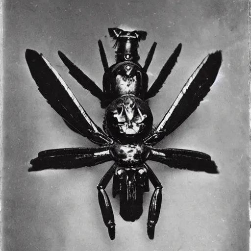 Image similar to winged spider monster with firelight body :: godly presence :: 1940 photograph