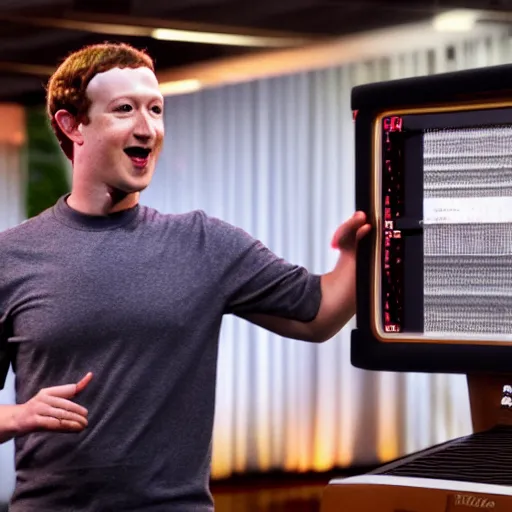 Image similar to mark zuckerberg dancing with a tandy trs - 8 0 computer. cinematic 8 k, depth of field, bokeh.