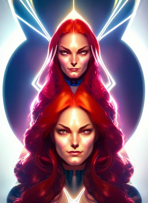 Image similar to symmetry portrait of jean grey from 9 0 s x - men, glowing lights, intricate, elegant, highly detailed, digital painting, artstation, concept art, smooth, sharp focus, illustration, art by artgerm and greg rutkowski and alphonse mucha