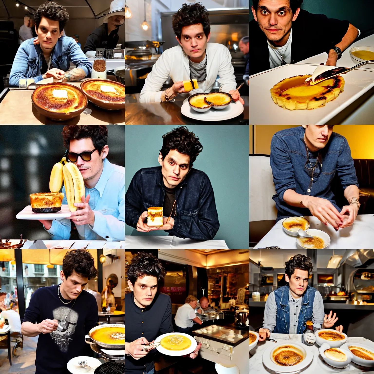 Prompt: john mayer looking at a creme brulee with banana slice on top