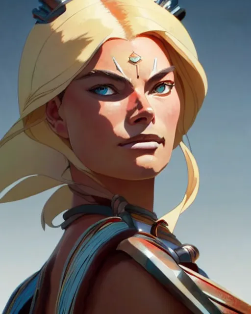 Image similar to azctec warrior, ( margot robbie ), detailed perfect face, exquisite details, fire magic, mid view, design on a white background, by studio muti, greg rutkowski makoto shinkai takashi takeuchi studio ghibli