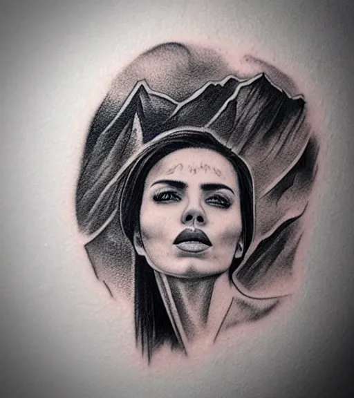 Image similar to amazing blend effect on a beautiful woman face and mighty mountains, tattoo design sketch, hyper - realistic, in the style of matteo pasqualin, amazing detail, black and white