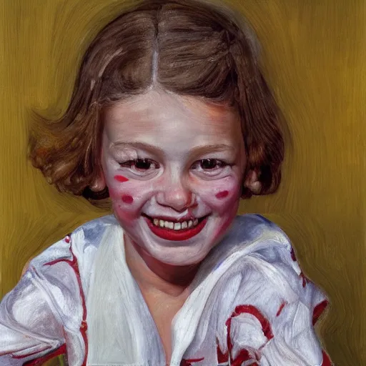 Prompt: high quality high detail painting by lucian freud, hd, beautiful young girl portrait, demonic smile, alizarin crimson and white, photorealistic lighting