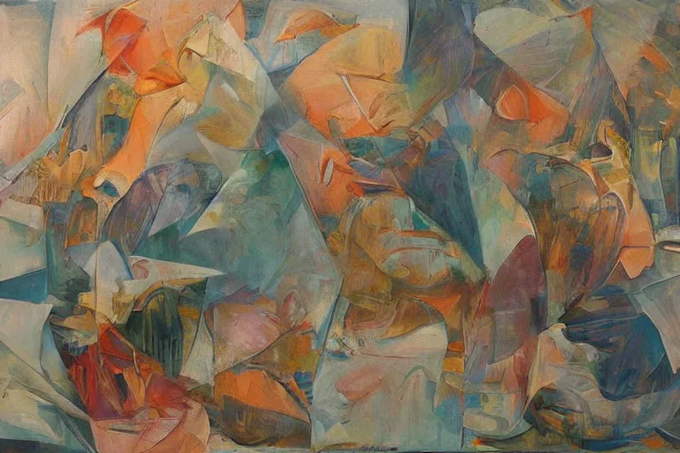 Image similar to intricate, amazing, abstract and / or modernism, cubism and / or romanticism, painting by sergi voltz, soft color palette