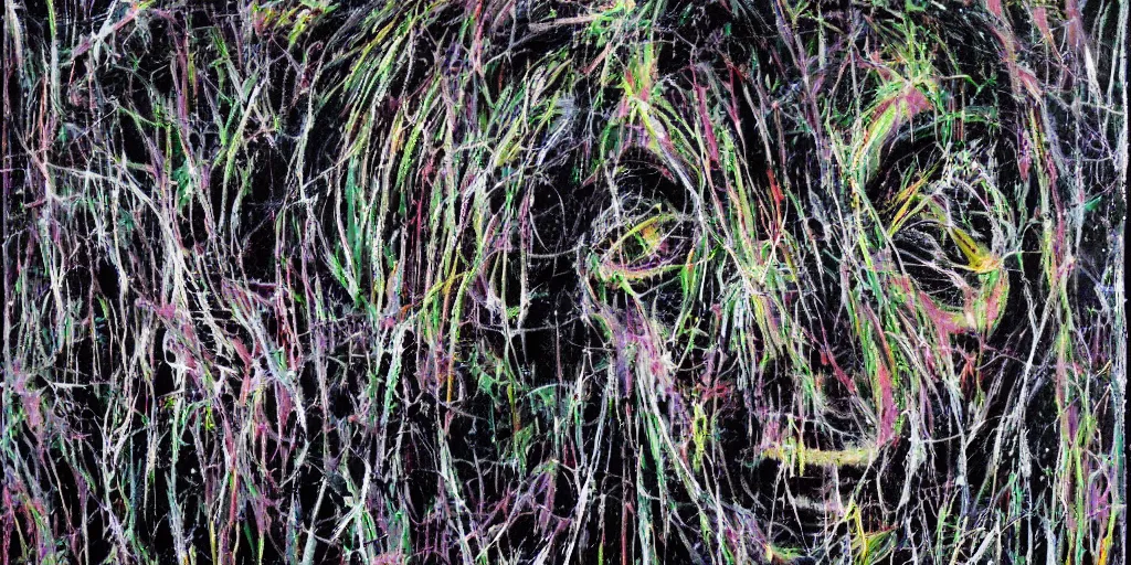 Prompt: camo made of teeth, smiling, abstract, francis bacon artwork, tribal, neon, cryptic, dots, stipple, lines, splotch, color tearing, pitch bending, faceless people, dark, ominous, eerie, minimal, points, technical, old painting