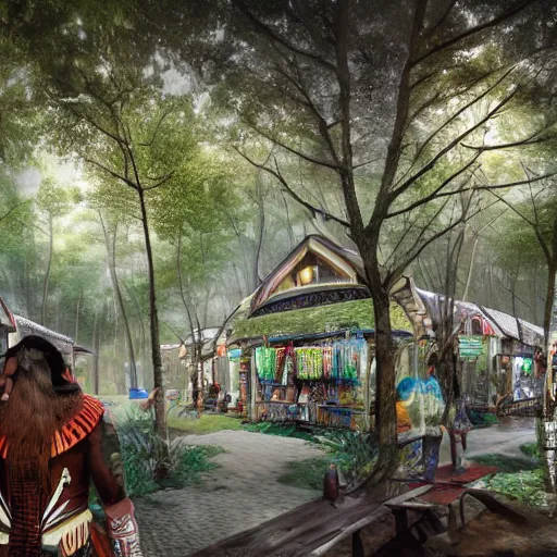 Image similar to maori tlingit forest bazaar, science fiction concept art