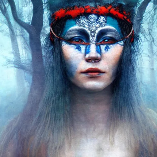 Prompt: matte painting of A young blindfolded shaman woman with a decorated headband from which blood flows, in the style of heilung, blue hair and wood on her head. The background is a forest on fire, made by karol bak and james gurney