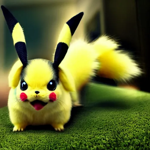 Prompt: a stunning photograph of a pikachu in real life, 8 k hd, incredibly detailed, hd fur, cute mouse pokemon, sent from my iphone