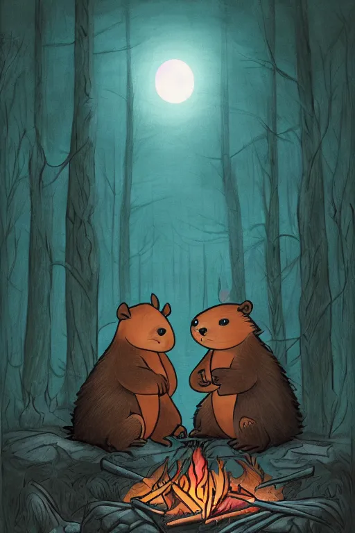 Image similar to an illustration of two evil beavers sitting next to a campfire in a dark forest at night, epid, digital drawing, beautiful, highly detailed, cinematic style, poster