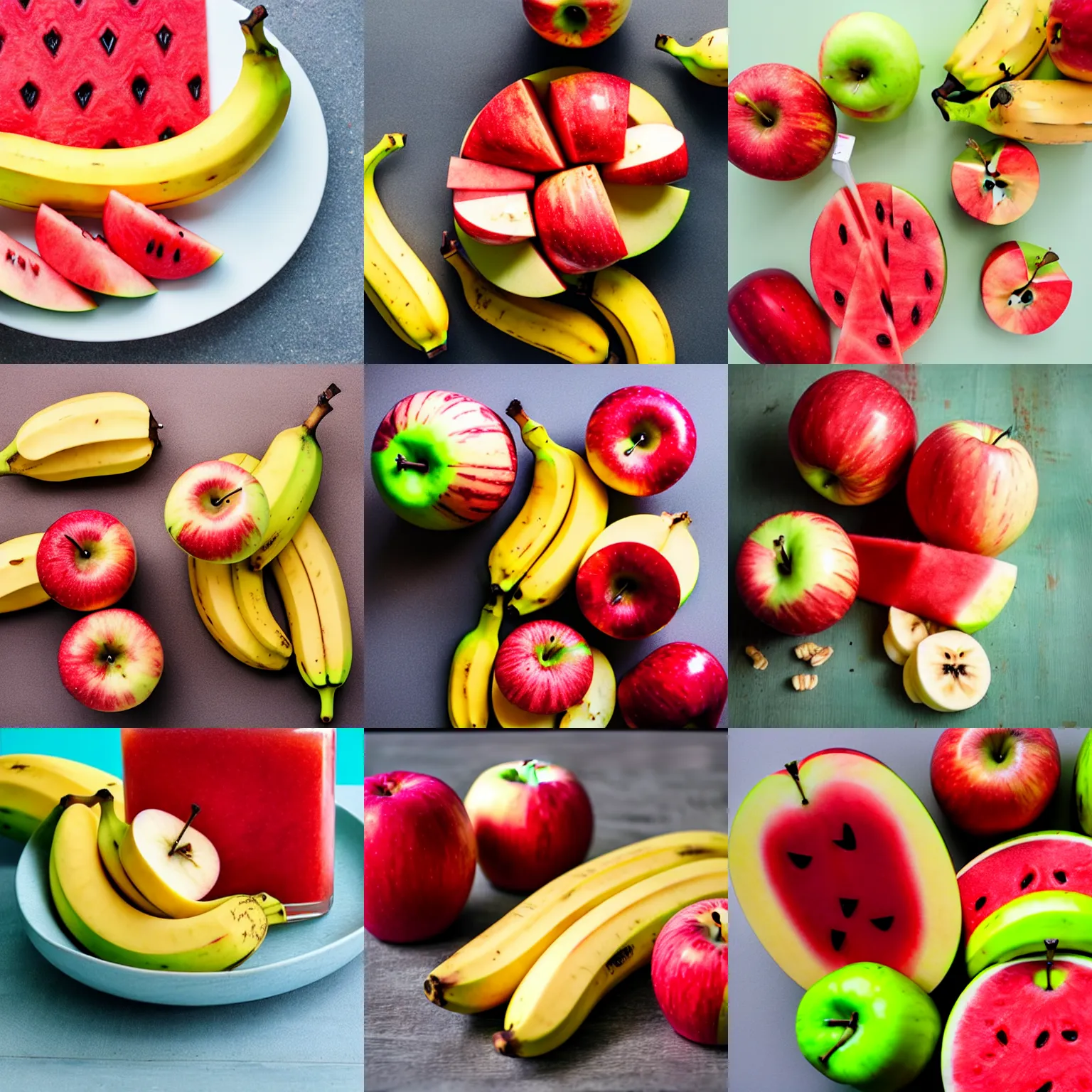 Prompt: combination of apple and banana and watermelon