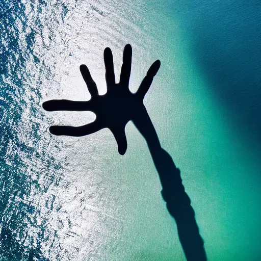 Image similar to an aerial drone shot of a giant 3D sculpted hand reaching out of the ocean in the middle of dawn surrounded by islands, tiny birds fly in the distance, misty atmosphere, 4k ultra high quality