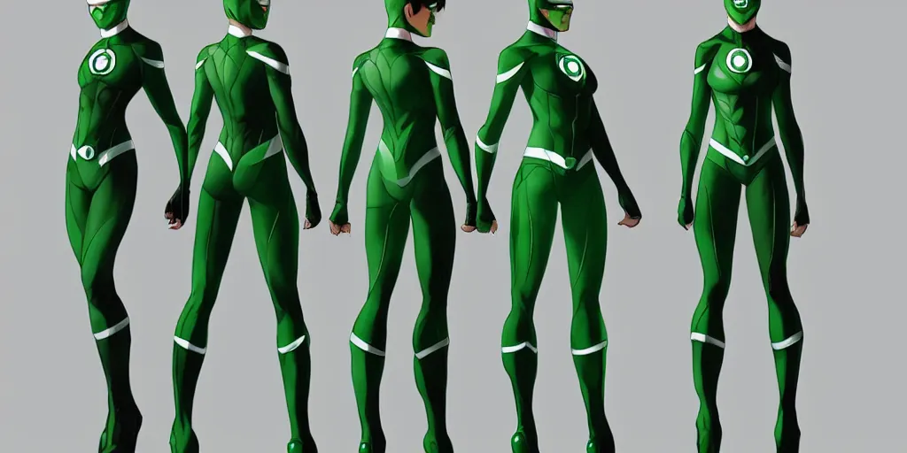 Image similar to full body exaggerated outfit, female green lantern character clean concepts by senior concept artist in the anime film, suit, powers, glowing, stronge, smooth, high detail, featured on artstation