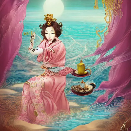 Image similar to style of Guo Hua,The light pink Queen of the Sea waves and her devoted servant gold octopus drink tea ,digital art,atmospheric