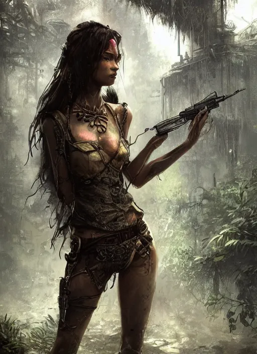 Image similar to portrait of a young very beautiful cute tribal woman with a steampunk gun, in a post apocalyptic city overgrown with lush vegetation, by Luis Royo, by Greg Rutkowski, dark, gritty, intricate, head space, cover illustration, concept art, volumetric lighting, volumetric atmosphere, octane render, trending on artstation, 8k