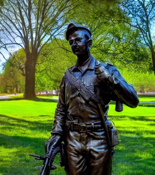 Image similar to a 4 k photorealistic photo medium shot waist up of a bronze statue of an american soldier with a rifle across his chest in a park