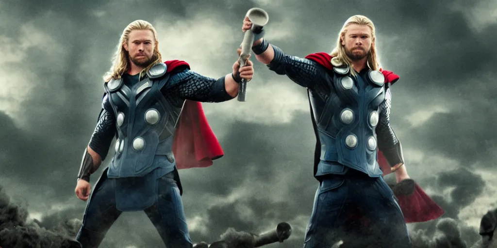 Image similar to Thor from the Avengers holding a toilet plunger instead of a hammer, cinematic pose