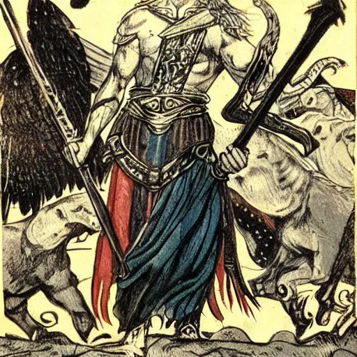 Image similar to odin with huggin and munning on his shoulders walking through the sea of death, followed by the valkyries. he is holding gungir in his right hand