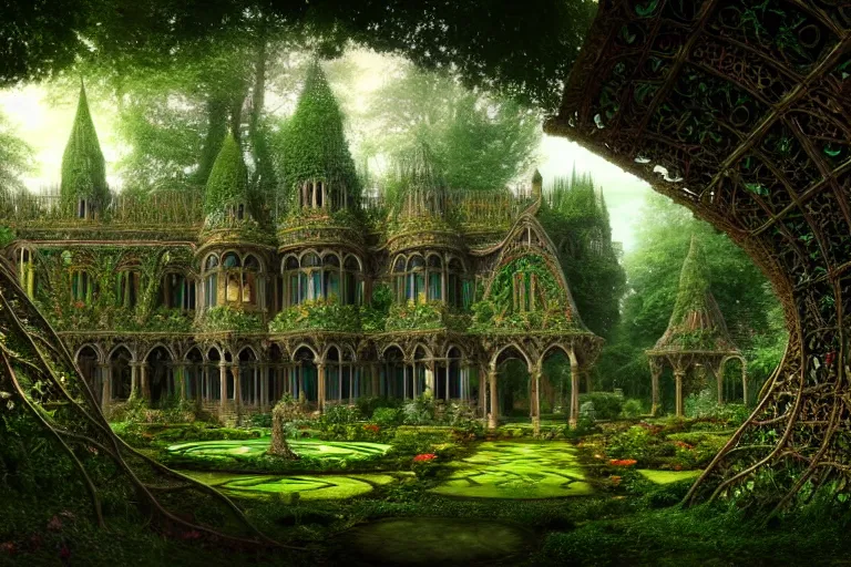 Image similar to a beautiful and highly detailed digital painting of an elven palace in a beautiful garden in a mystical forest, ethereal psychedelic patterns, celtic trees, intricate details, epic scale, insanely complex, artstation, cgsociety, 8 k, sharp focus, hyperrealism, by caspar friedrich, albert bierstadt, james gurney, brian froud,