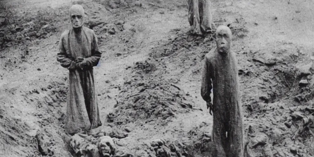 Prompt: scary unproportionable tall ghost creature in the middle of a trench, 1900s picture