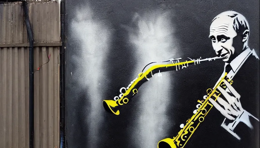 Prompt: Graffiti by Banksy of Vladimir putin playing the saxophone