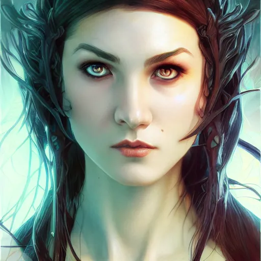 Image similar to character concept, portrait, symmetrical head - on centralized, young woman with dark ninja clothes. detailed, high quality, dynamic lightning, fantasy, scenematic. artwork by artgerm, wlop, alex ross, greg rutknowski, alphonse mucha