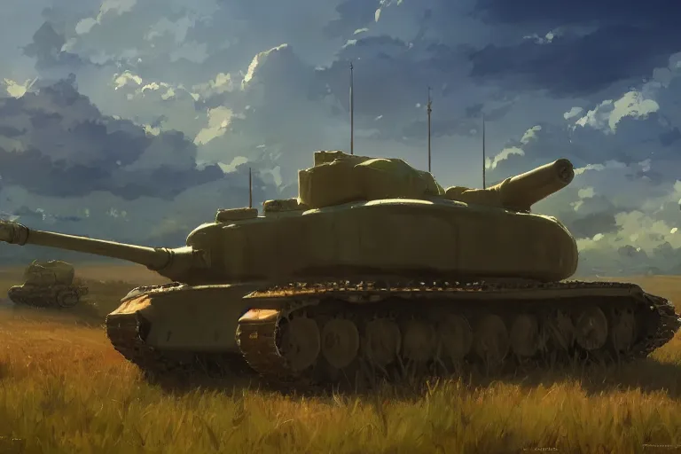 Image similar to concept art of a church combined with a tank in an open field, key visual, ambient lighting, highly detailed, digital painting, artstation, concept art, sharp focus, by makoto shinkai and akihiko yoshida and greg manchess