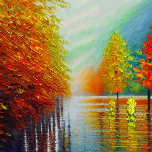 Image similar to a painting of lake in the rain, autumn, acrylic painting, very detailed, mellow, 4 k, impressionism, trending on artstation