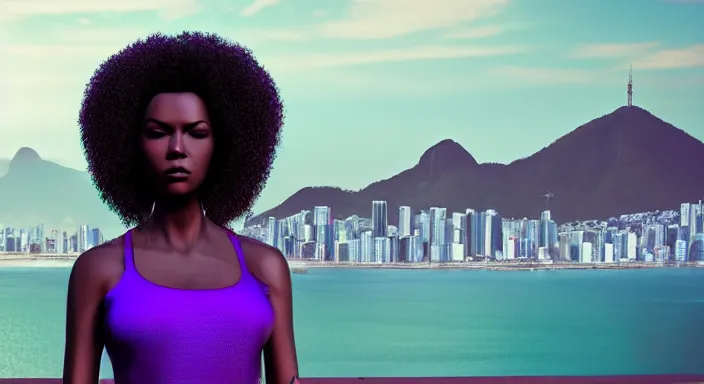 Image similar to portrait of beautiful cyberpunk black woman with afro hair, rio de janeiro pao de acucar corcovado ipanema on the background, blue and purple digital art trending on artstation, beeple, soft lighting, bokeh