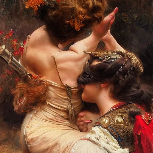 Image similar to a young girl giving the last blow to a dying bull, the girl is covered in the bull's blood, highly detailed painting by gaston bussiere and j. c. leyendecker 8 k