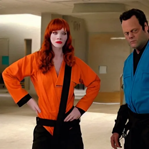 Prompt: vince vaughn as jack fenton, he is wearing an orange coveralls bodysuit with a black neck and a black belt, and christina hendricks as maddie fenton, she is wearing a tight teal coveralls bodysuit with a black neck and black belt, movie photo, spooky netflix still shot, they are looking for ghosts
