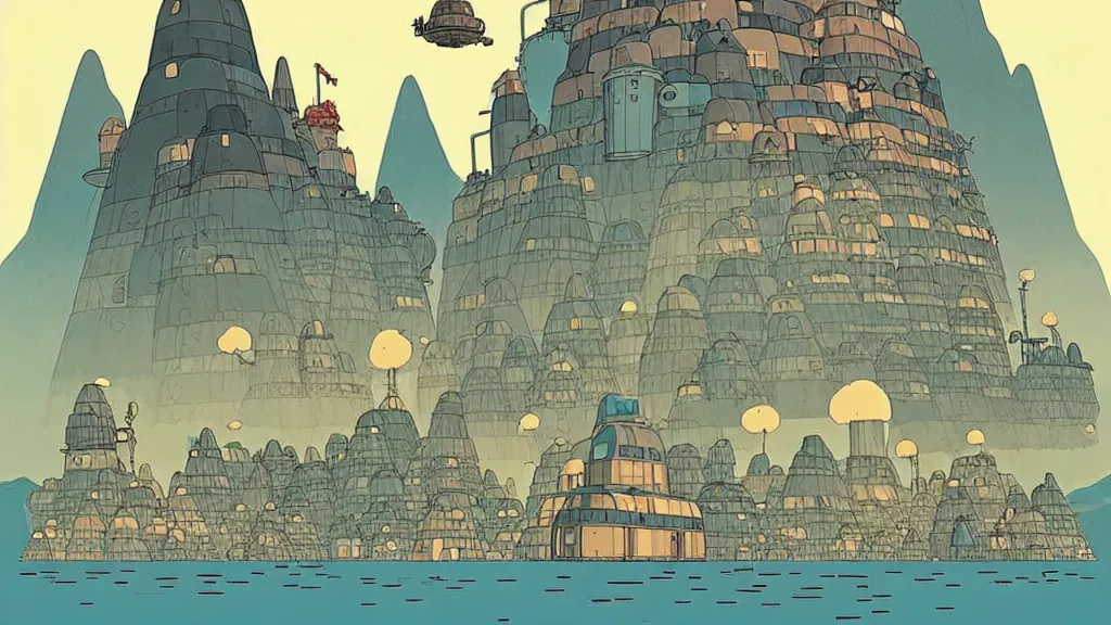 Prompt: A mountain of despair by Jon Mess, The mountain is in the middle of a city by Mattias Adolfsson, the city buildings are in studio ghibli style, the city has a lofi aesthetic, illustrative art of small steampunk airships flying around the city by Vincent Di Fate, little animal people are flying the airships by Ross Tran
