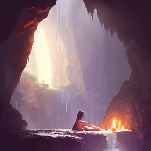 Image similar to cozy, hotspring hidden in a cave, candlelight, towels, cushions, natural light, lush plants and flowers, elegant, smooth cave rock, fantasy, atmospheric lighting, digital painting, Greg Rutkowski concept art