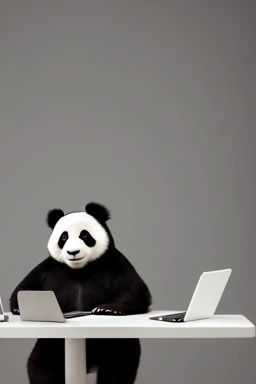 Prompt: anthropomorphic panda that looks like a human, wearing a shirt, business attire, sitting at the desk with a laptop, realistic, colored studio lighting, professional photography, nikon 5 0 mm f / 1. 8 g, canon
