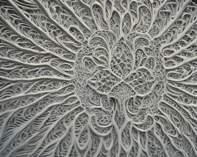 Image similar to wall craving filigree carved out of ivory about fishes fins scales, intricate insanely detailed, backlit subsurface scattering