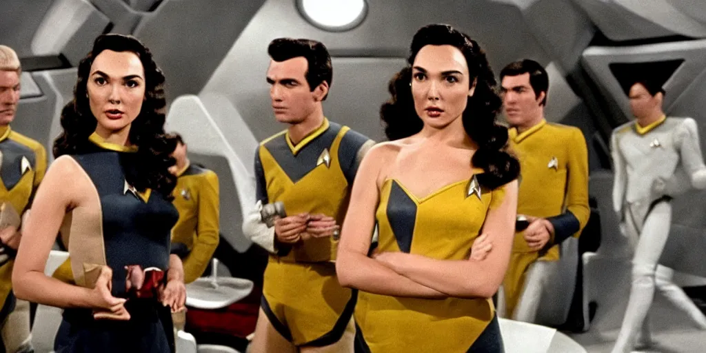 Image similar to a scene from Trouble with Tribbles!!! an episode of the original Star Trek series, with Gal Gadot, in Starfleet uniform, in the role of Captain Kirk
