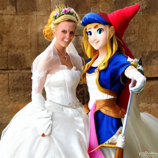 Image similar to the lesbian wedding of princess peach and princess zelda, photo, photograph, circa 2 0 1 4, wedding photo