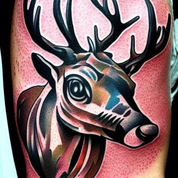 Image similar to full american traditional abstract tattoo art of a deer playing, fine detail, sheet paper