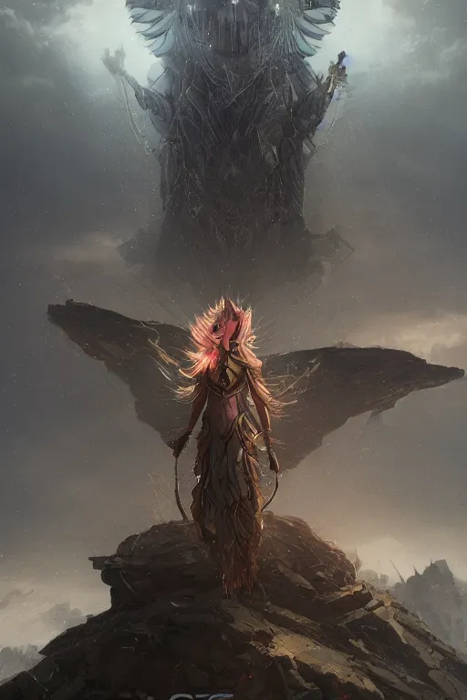 Prompt: godess of artificial intelligence floating above a continent, sharp focus, by rozalski, cinematic, cinematic shot, megalophobia, award winning, trending on artstation