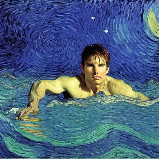 Prompt: Tom Cruise swimming in the sea by Van Gogh