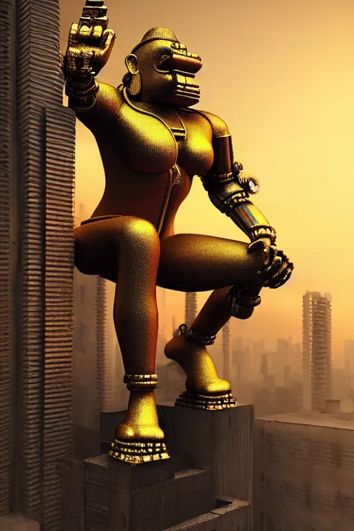 Prompt: high quality 3 d render brutalist cyborg! hanuman sitting, gold madhubani, highly detailed, cyberpunk!! mumbai in the background, unreal engine cinematic smooth, szukalski & blade runner, moody neon light, low angle, uhd 8 k, sharp focus